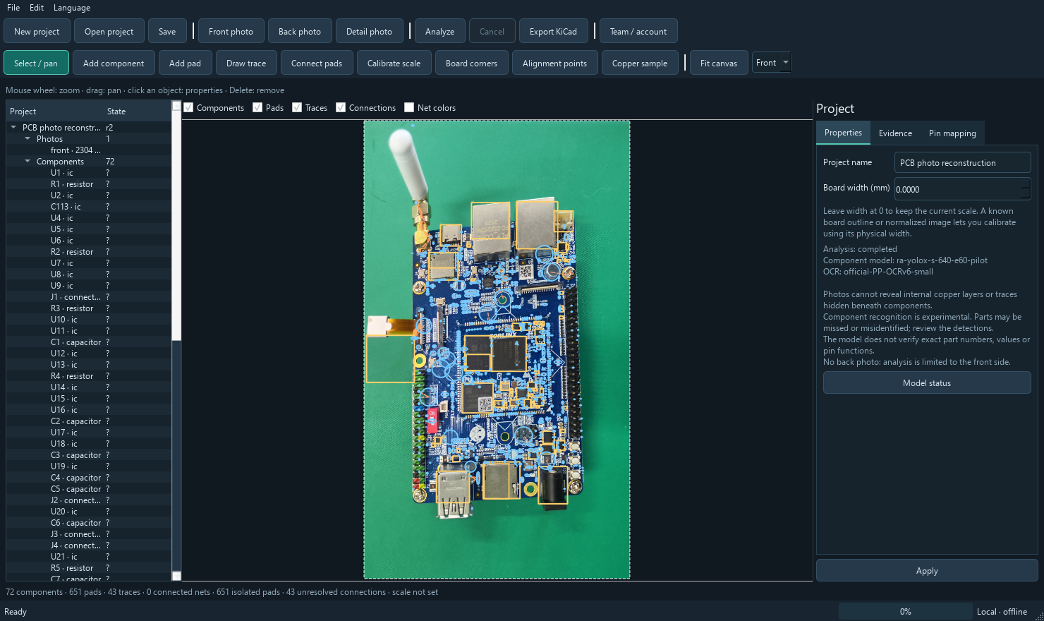 The actual RA PCB interface showing a board photo, component and pad candidates, a component list, and analysis warnings.